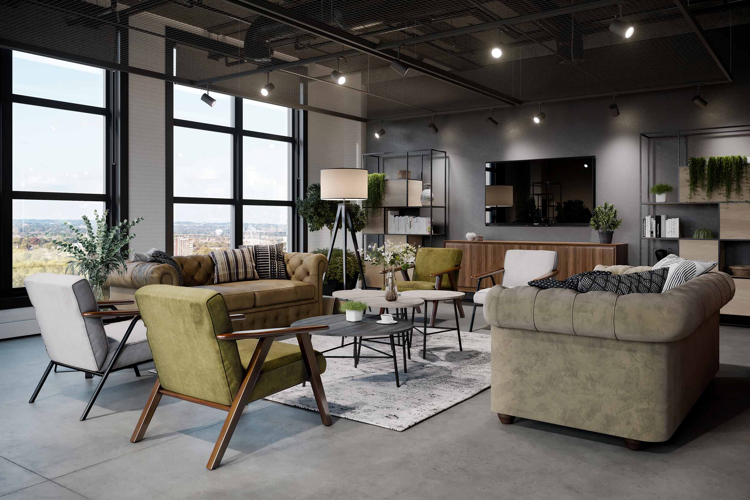 soft office furniture showroom with sofas and armchairs by connection seating